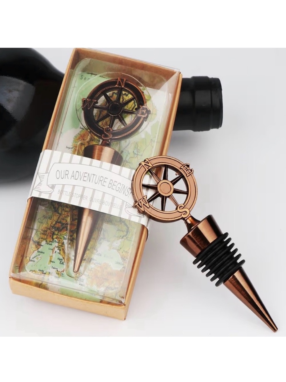 🍾 10pc Compass Bottle Stopper Party Facors- “Our Adventure Begins!”- NWT